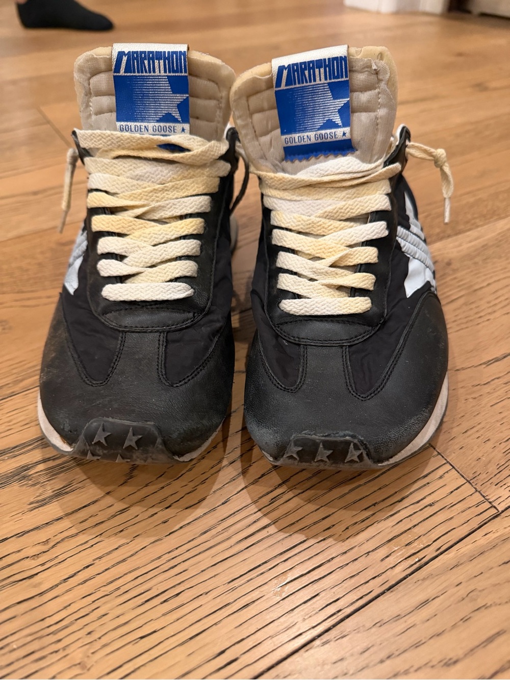 Golden Goose Black and White Marathon Sneakers with Blue Tongue Label